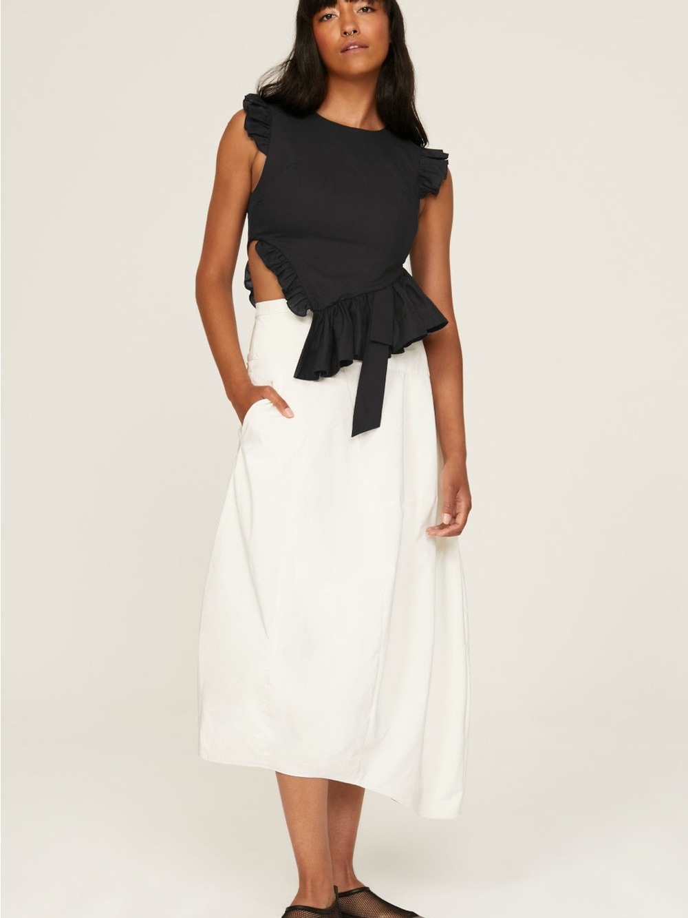 Sandy Liang Black Ruffle Tie-Waist Crop Top